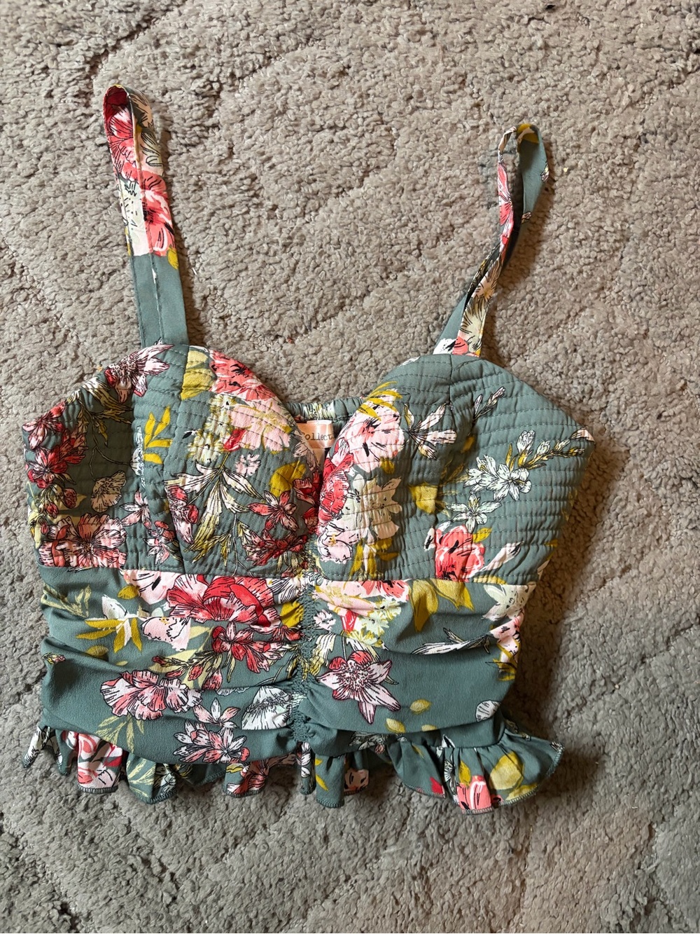 Green Floral Ruched Crop Top with Adjustable Straps